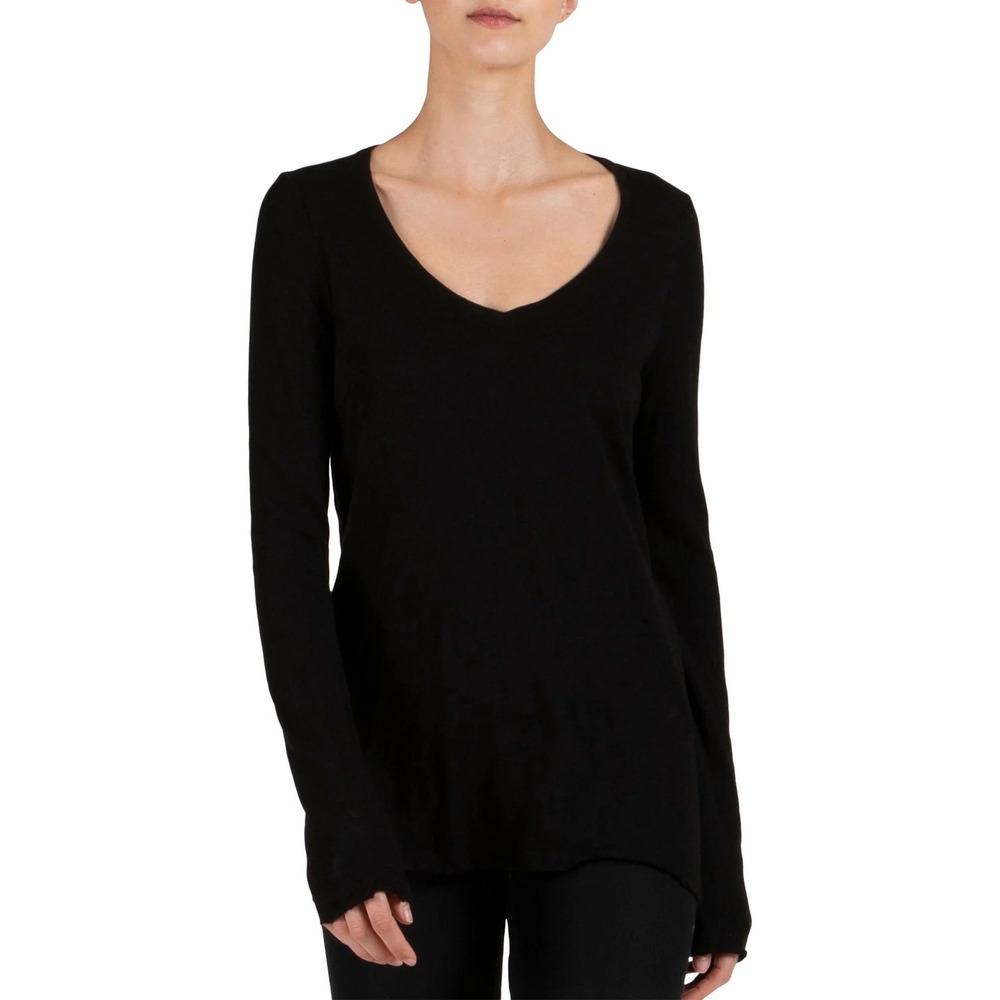 ATM Anthony Thomas Melillo Black Slub V-Neck Long Sleeve Tee | Size L